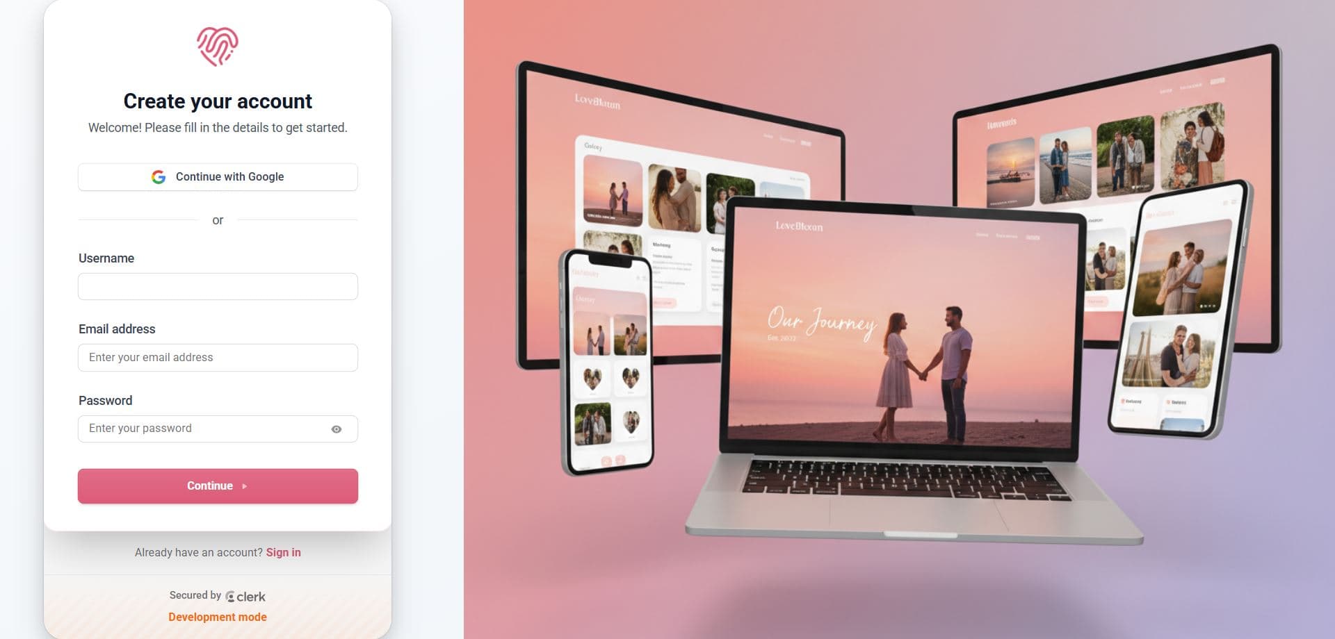 Step 1 of how it works section of Love Builder, create an account with our trusted authentication provider
