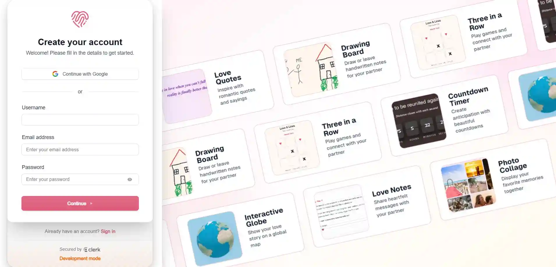 Step 1 of how it works section of Love Builder, create an account with our trusted authentication provider